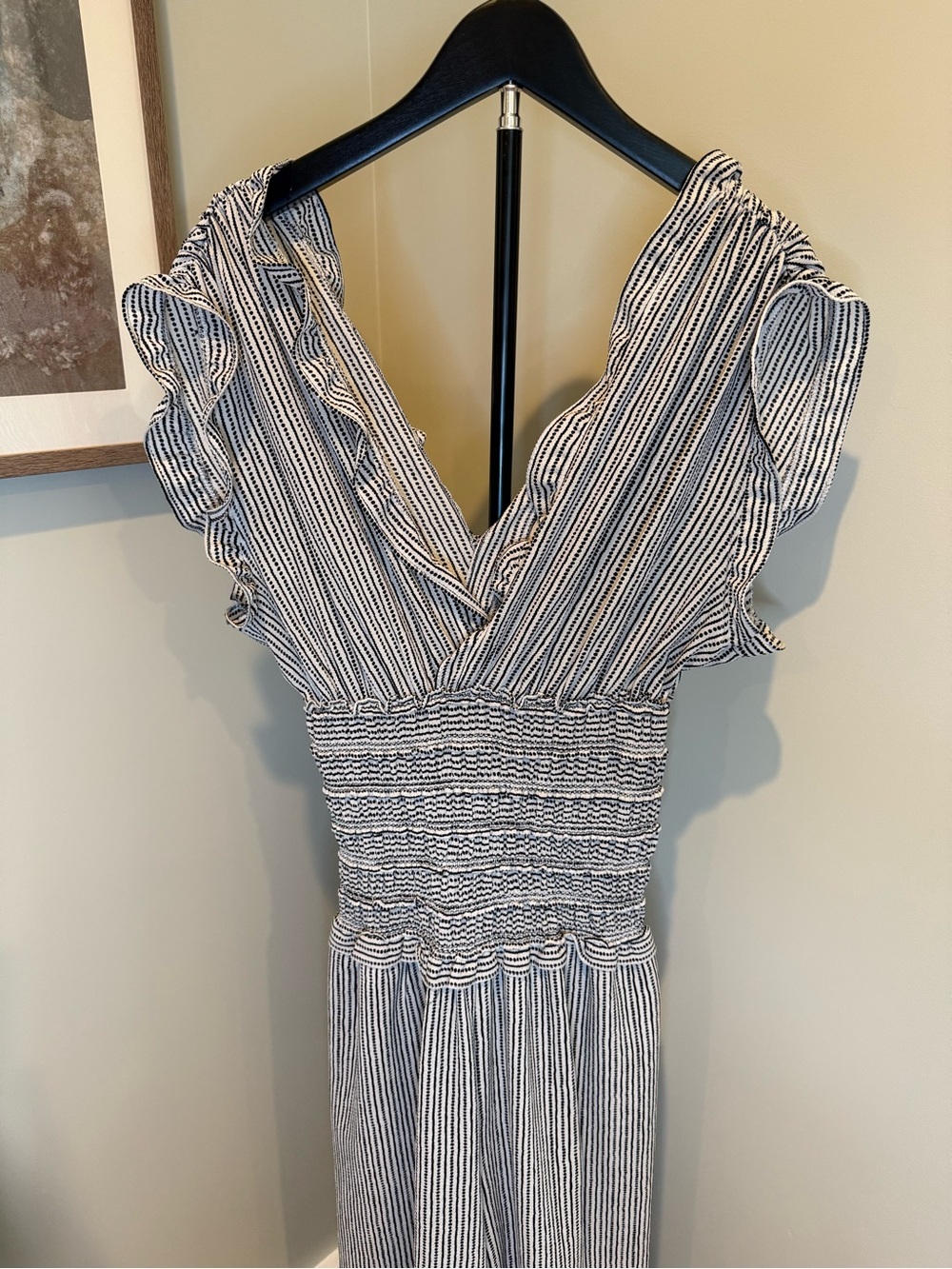 Max Studio Wide Leg Jumpsuit Large Black White Smocked Waist Flutter Sleeve Boho